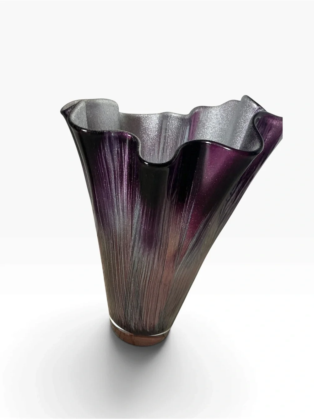 Vtg Murano handkerchief art glass vase purple with green metallic 14.5”